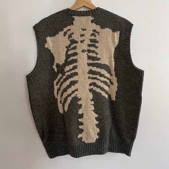 KAPITAL Grey and cream skeleton bones wool knit vest